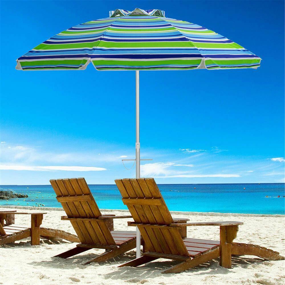 Tangkula 6.5Ft Beach Umbrella w/ Tilt Mechanism Sand Anchor Carrying Bag Blue + Green