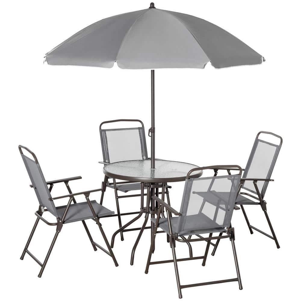 Outsunny 6 Piece Patio Dining Set for 4 with Umbrella, 4 Folding Dining Chairs & Round Glass Table for Garden, Backyard, and Poolside, Gray