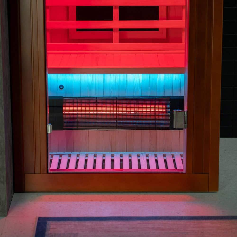 WoodBridge 1 Person Indoor Bluetooth Compatible FAR Infrared Sauna in Canadian Hemlock, Touch-Tone Keypad, LED Therapy Light