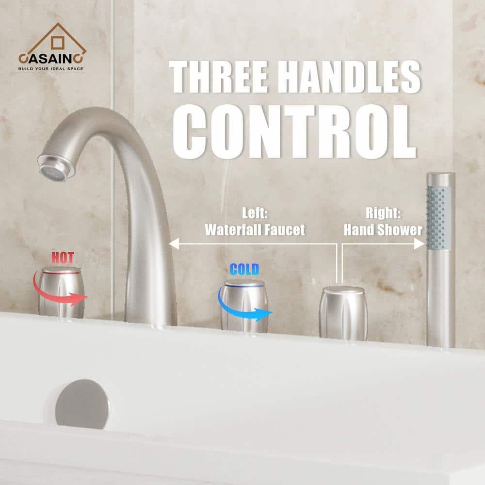Brushed Nickel 3-Handle Deck Mount Roman Tub Faucet with Hand Shower