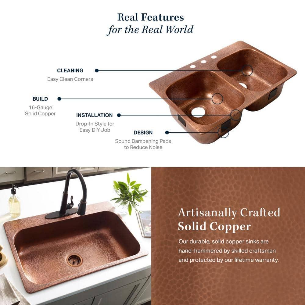 Santi Copper 33" Double Bowl Drop-In Kitchen Sink