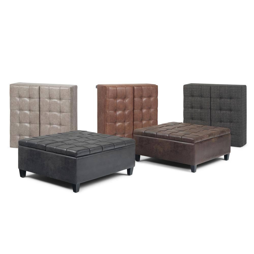 Simpli Home Harrison 36"W Upholstered Square Coffee Table Storage Ottoman with Split Lift Top