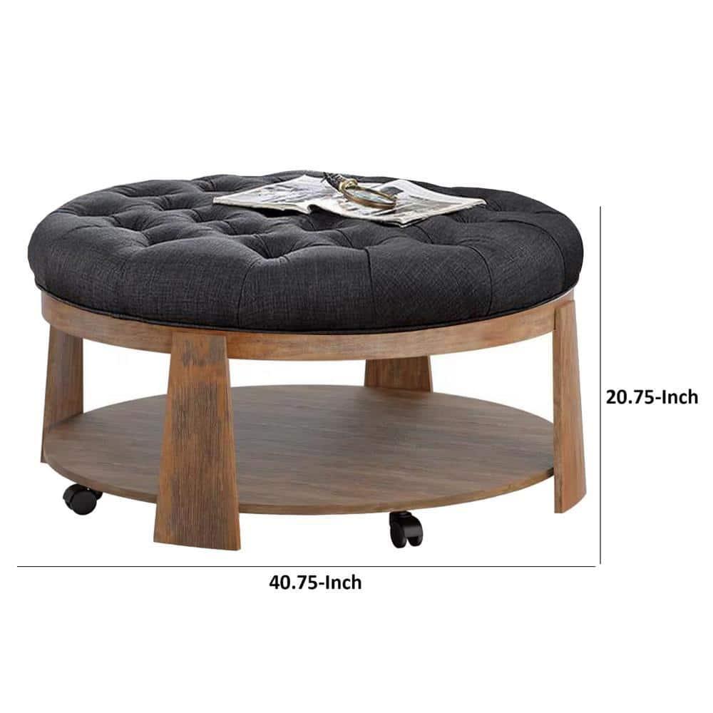 Benjara Gus 41 Inch Ottoman Coffee Table, Button Tufted Gray Fabric, Brown Wood