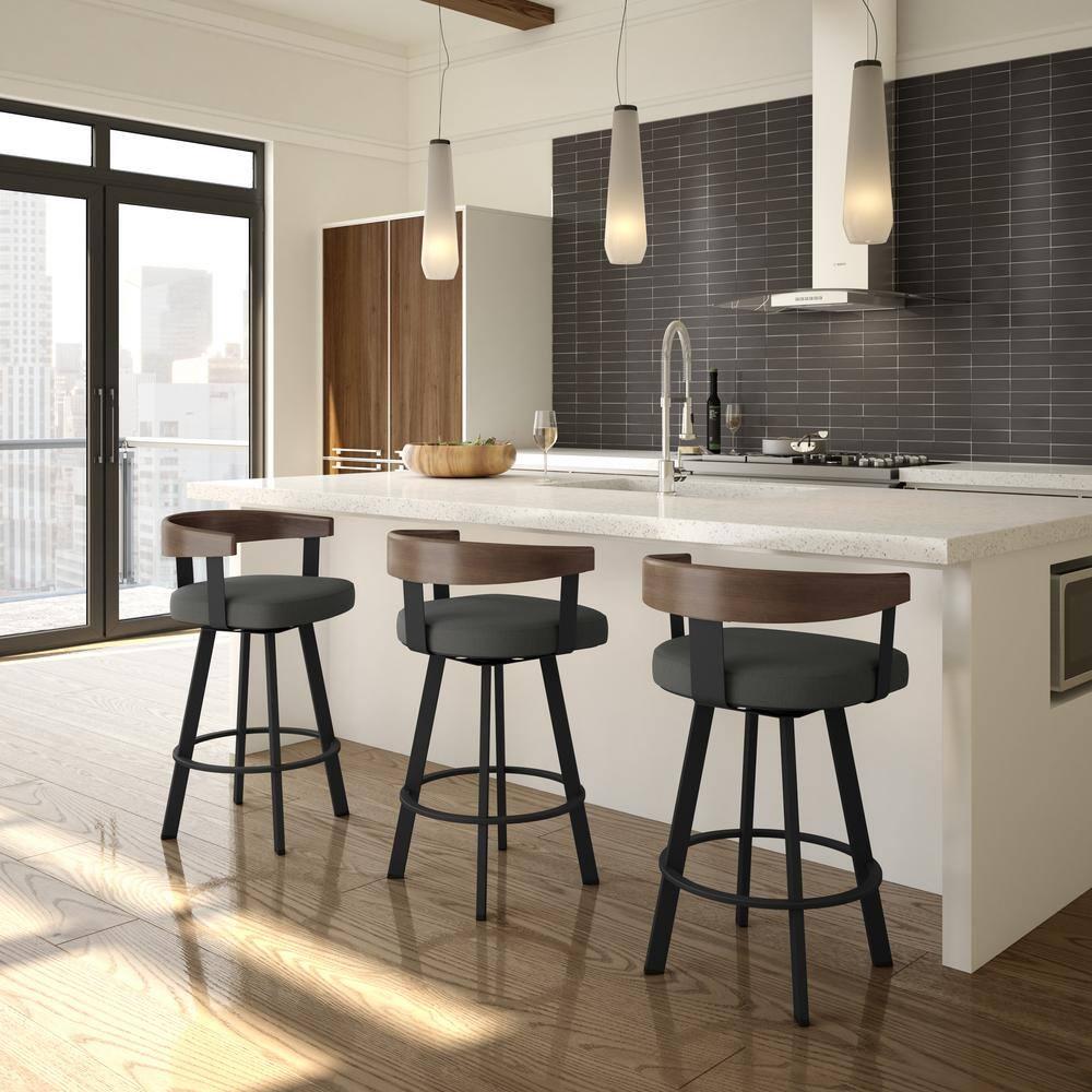 30" Lars Barstool & Gray/Dark Brown - Amisco: Swivel, Upholstered, Metal Frame, Modern Design