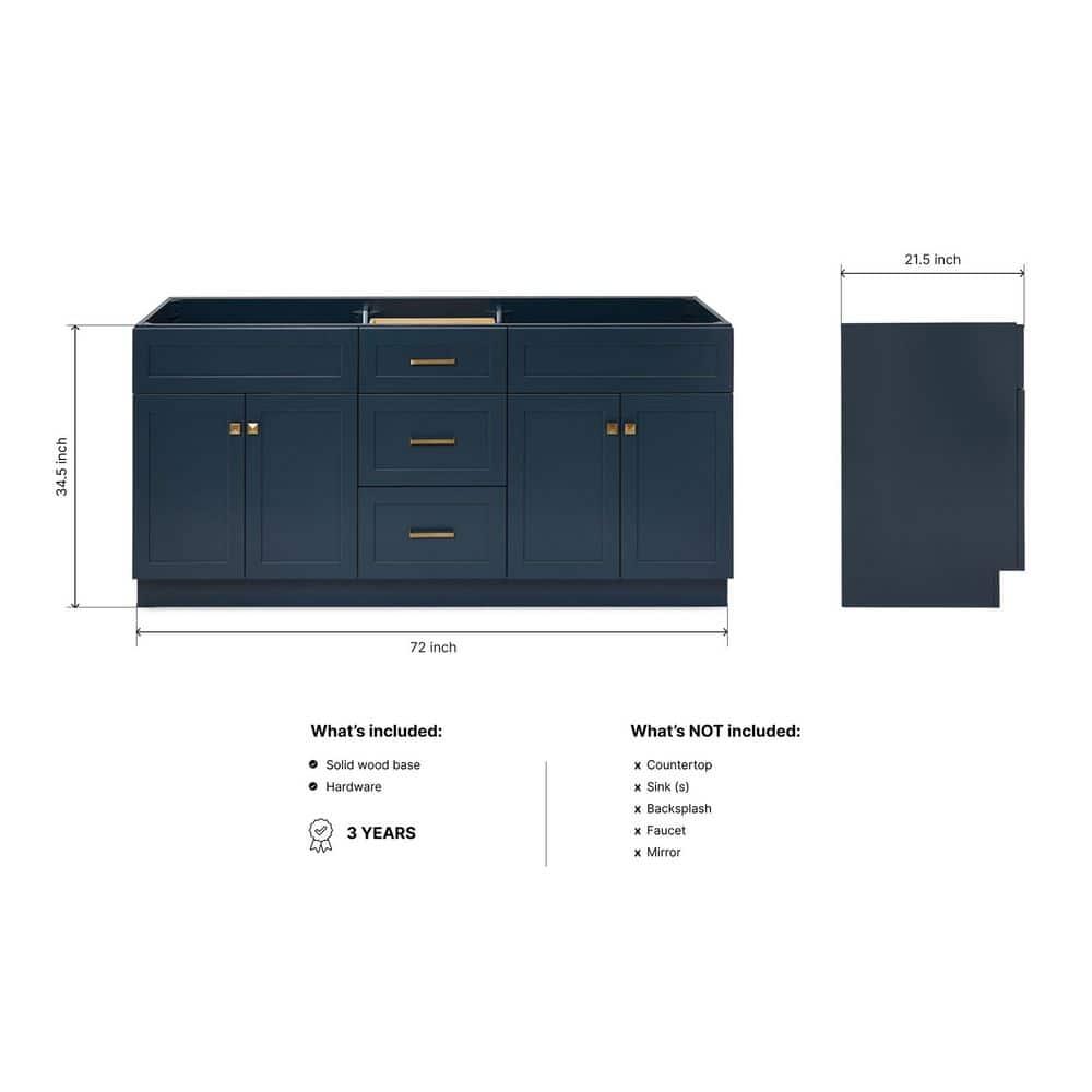 Ariel Hamlet 72 In. Double Sink Base Cabinet In Midnight Blue