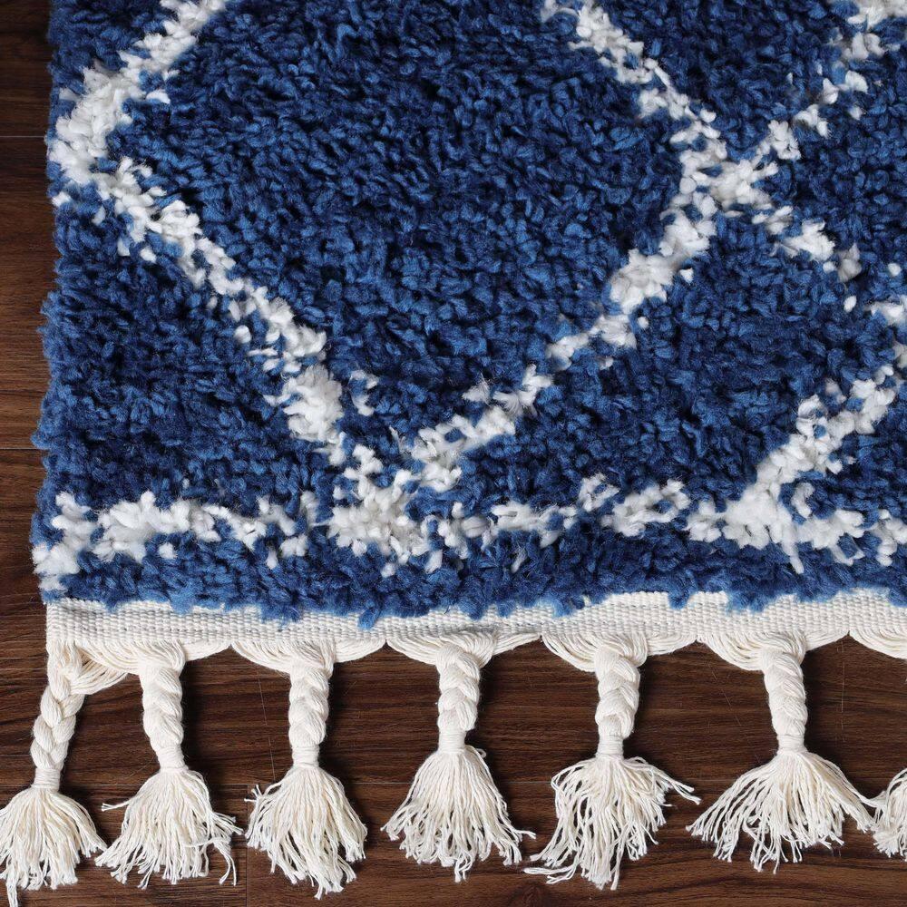 Geometric Diamonds Boho Shag Indoor Tassel Area Rug, Cream/Blue, 8' x 10'