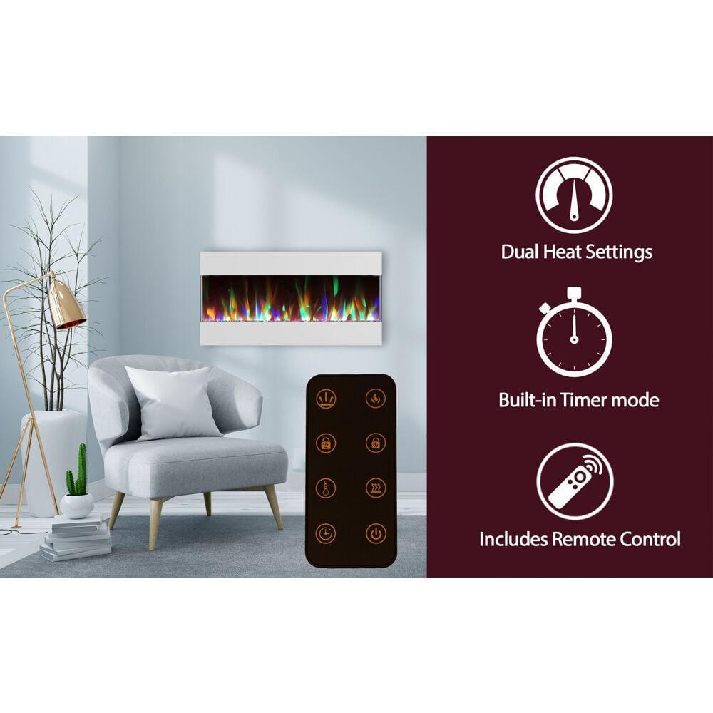 Cambridge 42 In. Recessed Wall Mounted Electric Fireplace with Crystal and LED Color Changing Display, White