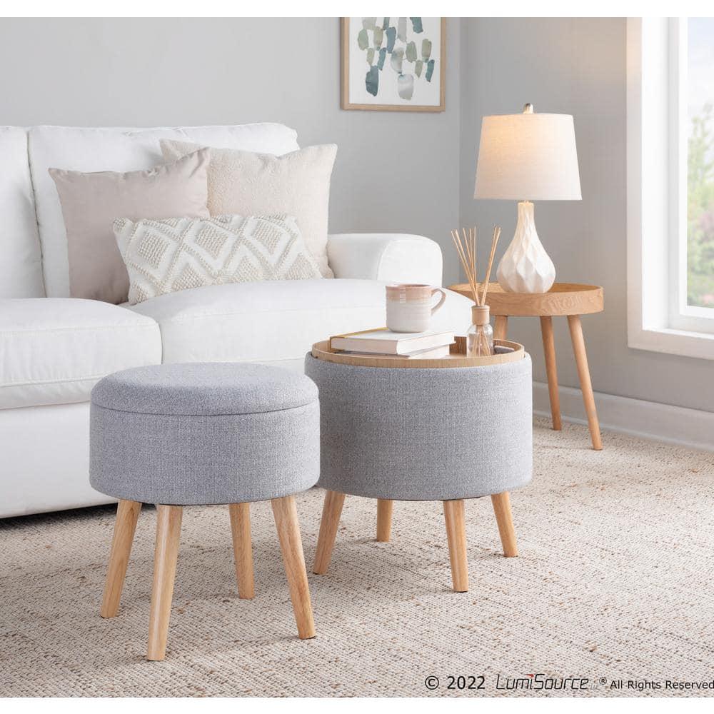 LumiSource Natural Wood, Light Grey Fabric Tray Storage Ottoman Set