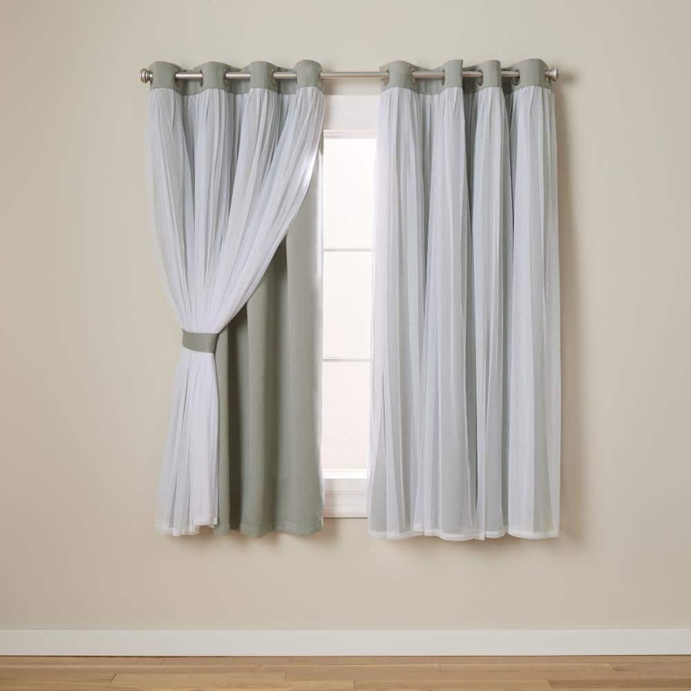Exclusive Home Catarina Layered Solid Room Darkening Blackout and Sheer Grommet Top Curtain Panel Pair, 52"x63", Soft Grey