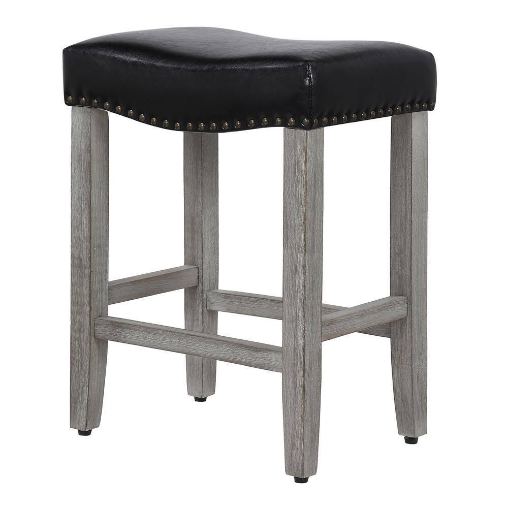 Polytrends Jameson Upholstered Polyester Gray 24 Inch Counter Stool Antique Gray/Black Wood Rubberwood Footrest Leather Glam