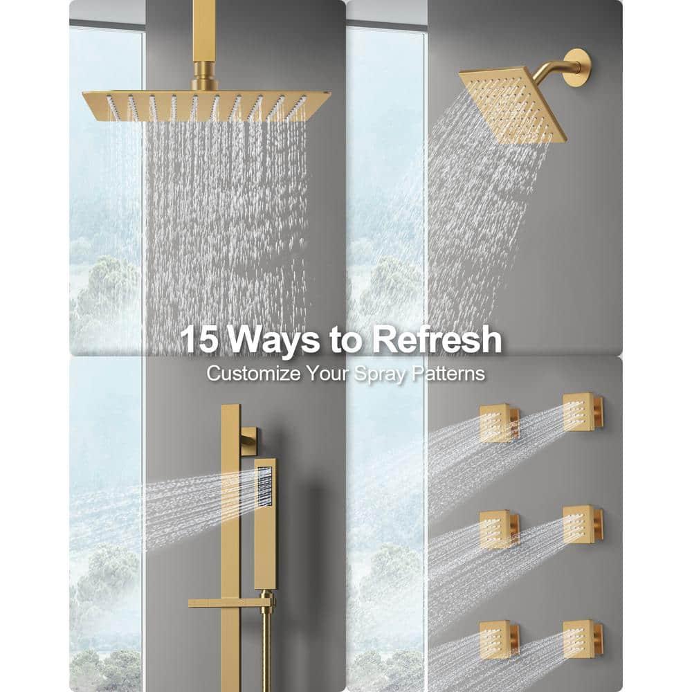 GRANDJOY 16 inch Complete Dual Shower Head System, Celling Mounted Shower Faucet Set with Hand Shower Head, Rough in-Valve, 6 Massage Body Jets - Brushed Gold