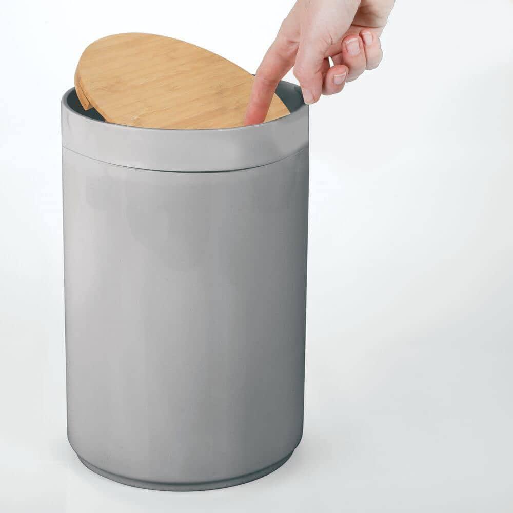 mDesign Plastic Round Trash Can Small with Swing-Close Lid - Gray/Natural