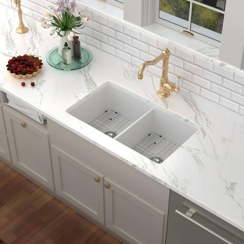 Sarlai 32'' L x 19" W White Ceramic 50/50 Double Basin Drop-In/Undermount Kitchen Sink with Sink Grids S-CSU3219-55
