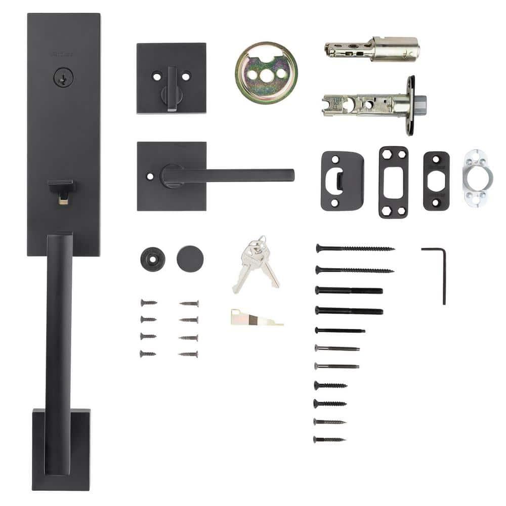 Vancouver Matte Black Keyed Entry Door Handleset with Halifax Passage Handle Featuring SmartKey Security