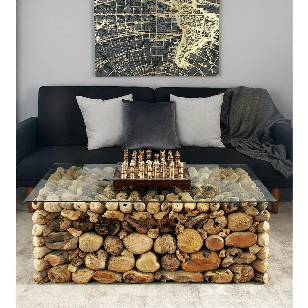 Millwood Pines Brown Wood Handmade Stacked Collage Coffee Table with Clear Glass Top