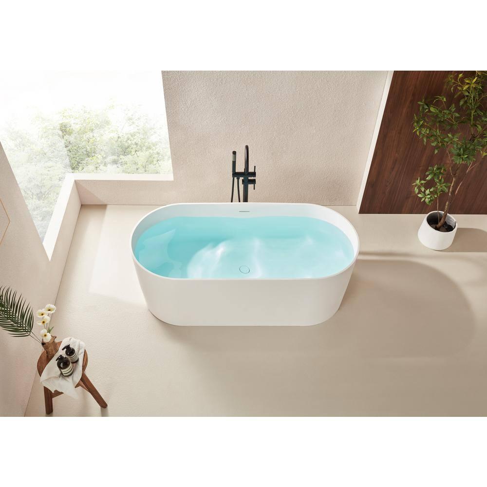 59" x 29.5" Freestanding Soaking Stone Resin Bathtub with Pure White Overflow and Pop Up Drain
