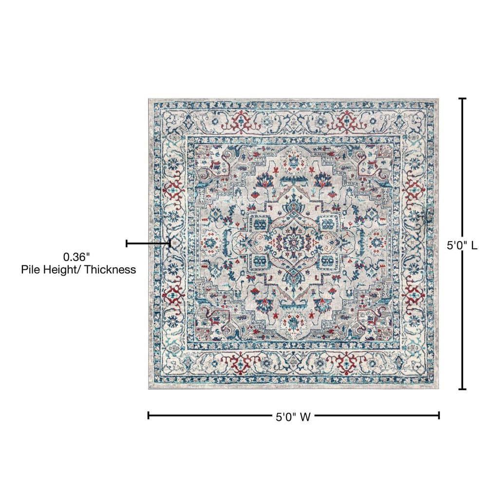 5'x5' Modern Persian Vintage Medallion Area Rug, Light Grey/Blue - JONATHAN Y
