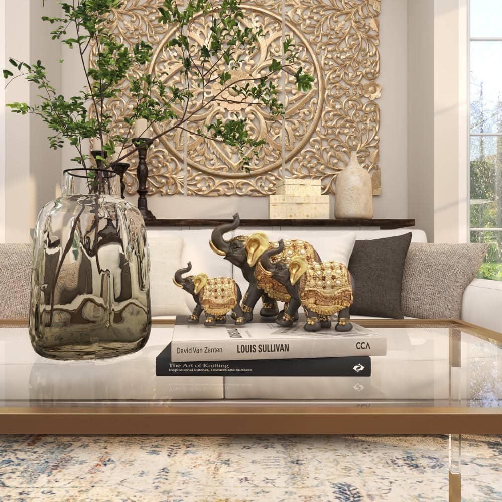 World Menagerie Alfhild Polystone Handmade Decorated Elephant Gold Sculpture with Ornate Dresswear and Pearl Accents Set