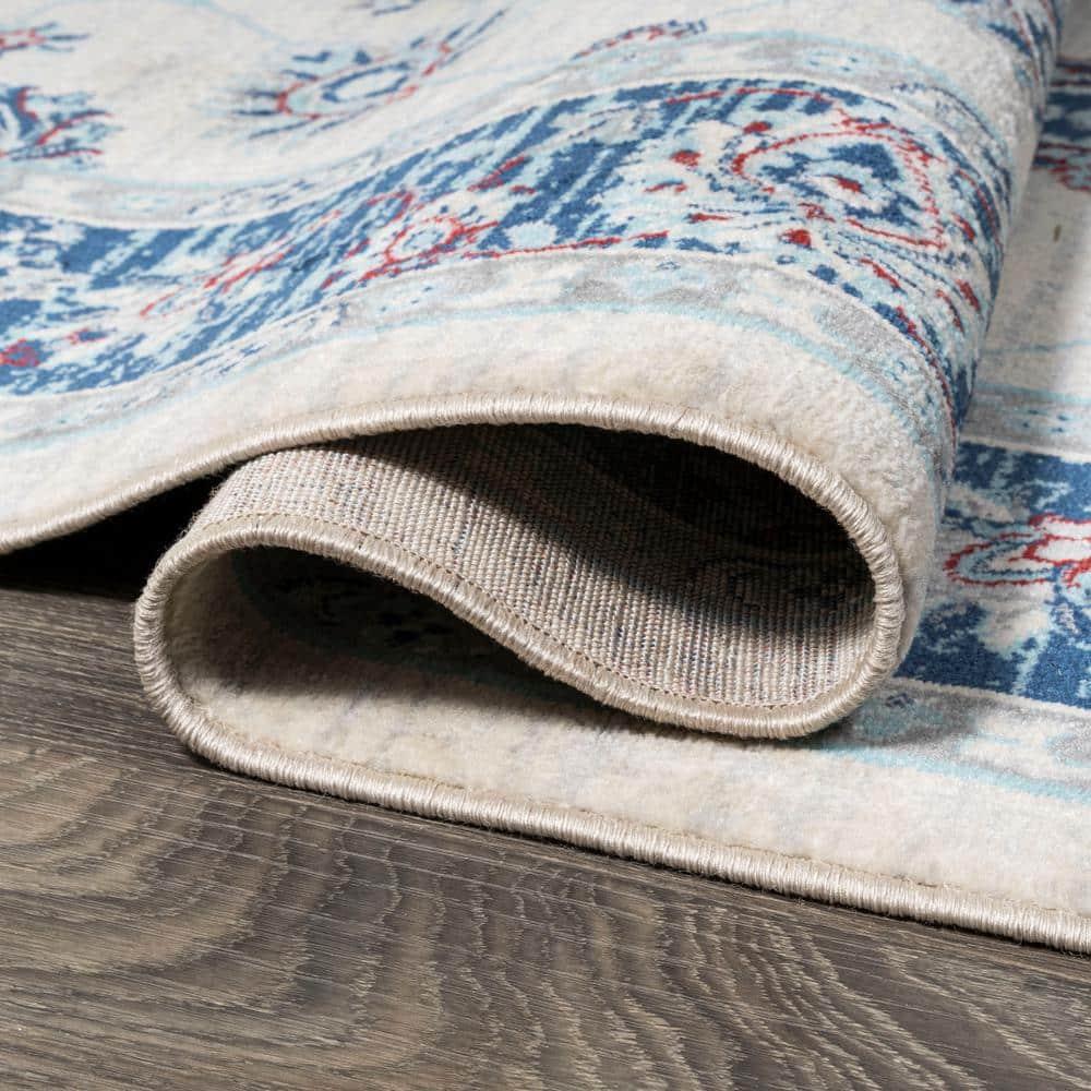 2'x8' Modern Persian Vintage Moroccan Traditional Area Rug, Cream/Navy - JONATHAN Y