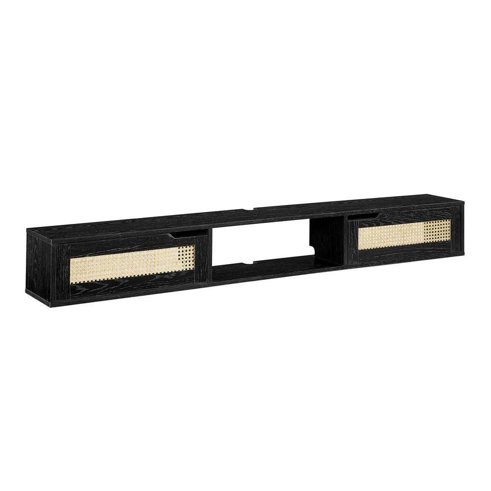 Walker Edison Modern Rattan-Door Floating TV stand for TVs up to 80”, Black