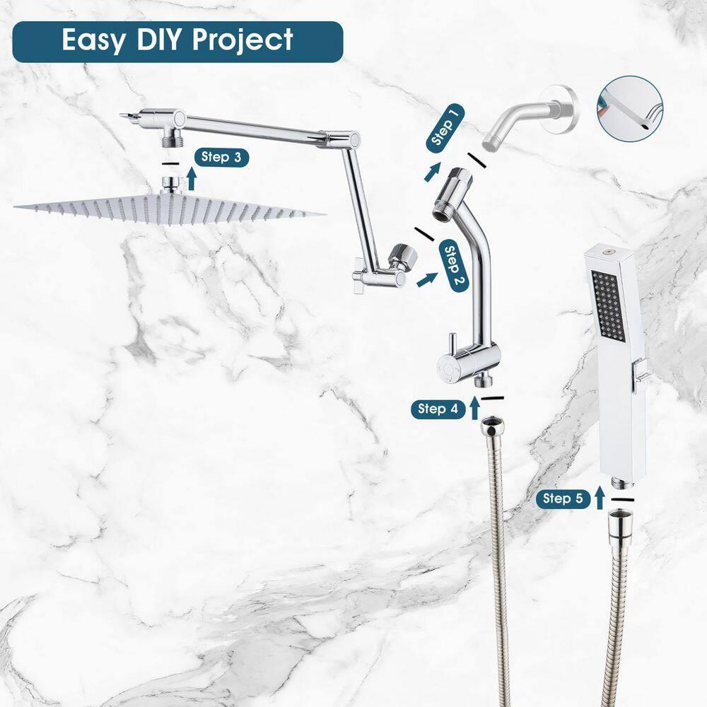 PDPBath All Metal 12'' Rainfall Shower Head with Handheld Combo, Upgrade 3-Way Diverter with Pause Setting, High Pressure Rain Shower Head with Z-shaped Extension Arm, 59" Hose, Brushed Nickel