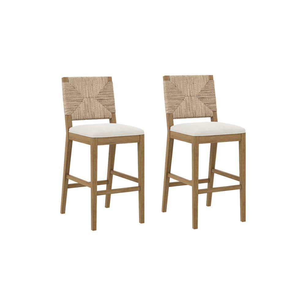Nathan James Beacon Bohemian Boucle Bar Stool with Back, Bar Height Kitchen Island Chair, Seagrass Bar Stool, Cream Boucle/Brushed Light Brown, Set of 2