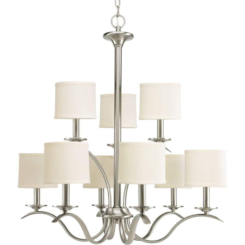 Progress Lighting Inspire 9-Light Two-Tier Chandelier, Brushed Nickel, Off-White Linen Shades