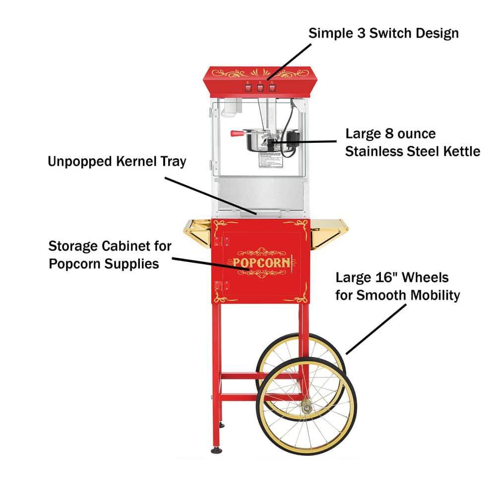 Superior Popcorn 8 oz. Movie Night Popcorn Maker Machine and Cart - Red