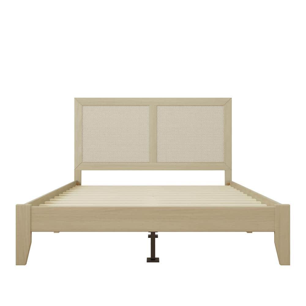 Christopher Knight Home Eudoca Rubber Wood Platform Bed with Rattan Woven Headboard, Natural, Queen