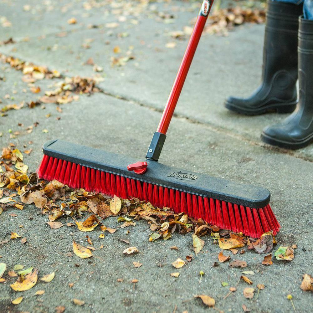 24 in. Black and Red Multi-Surface Push Broom with Steel Handle