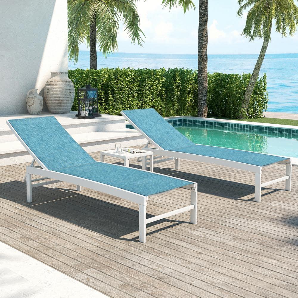 Crestlive Products Set of 3 Outdoor Aluminum Chaise Lounge Chairs and Table, Blue