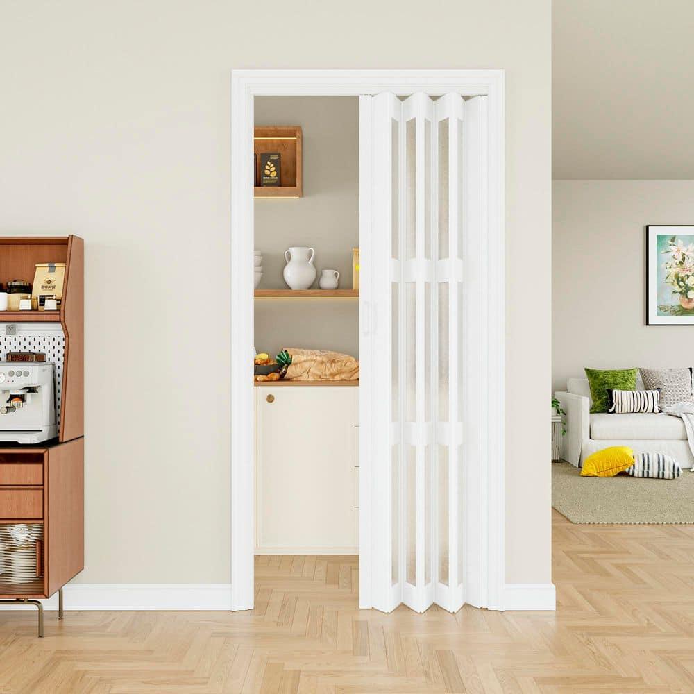 Upgrade Dual Layer Vinyl Accordion Door with Handles and Magnetic Door Lock, 4-Lite Frosted Acrylic Glass, White
