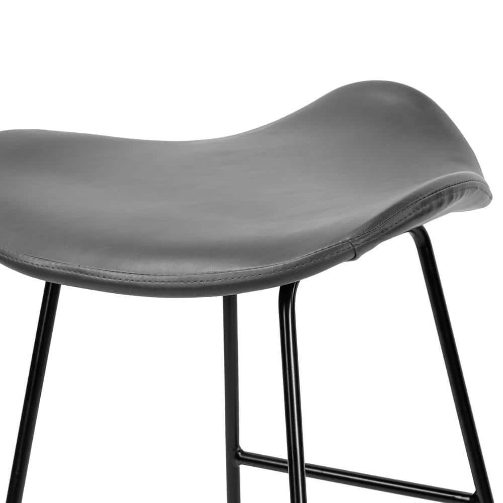 Glamour Home Set of 2 Aoi Grey Faux Leather Backless Barstool with Black Metal Legs