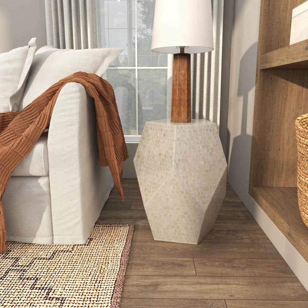 Olivia & May Contemporary Mussel Shells and Wood Accent Table Dark Gray: Hexagonal Wooden Pedestal, No Assembly Required