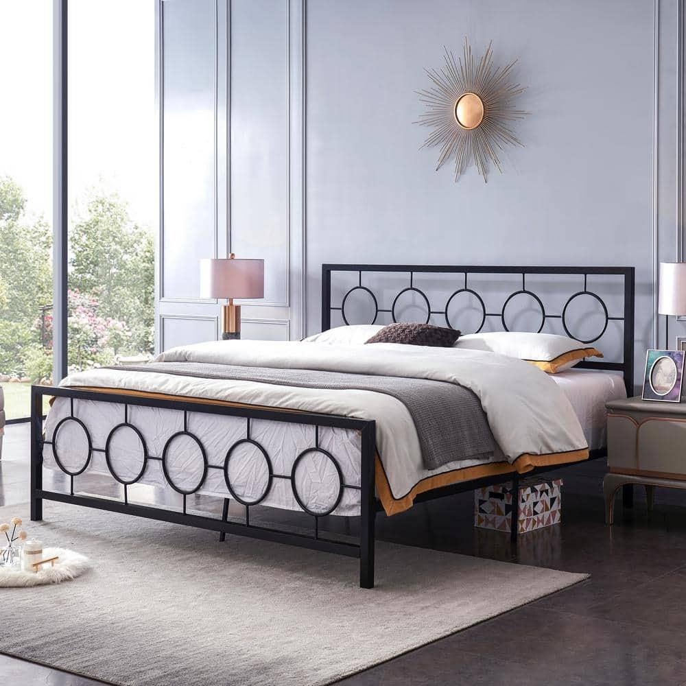 Noble House Ewelina Modern King-Size Iron Geometric Low-Profile Bed Frame, Flat Black