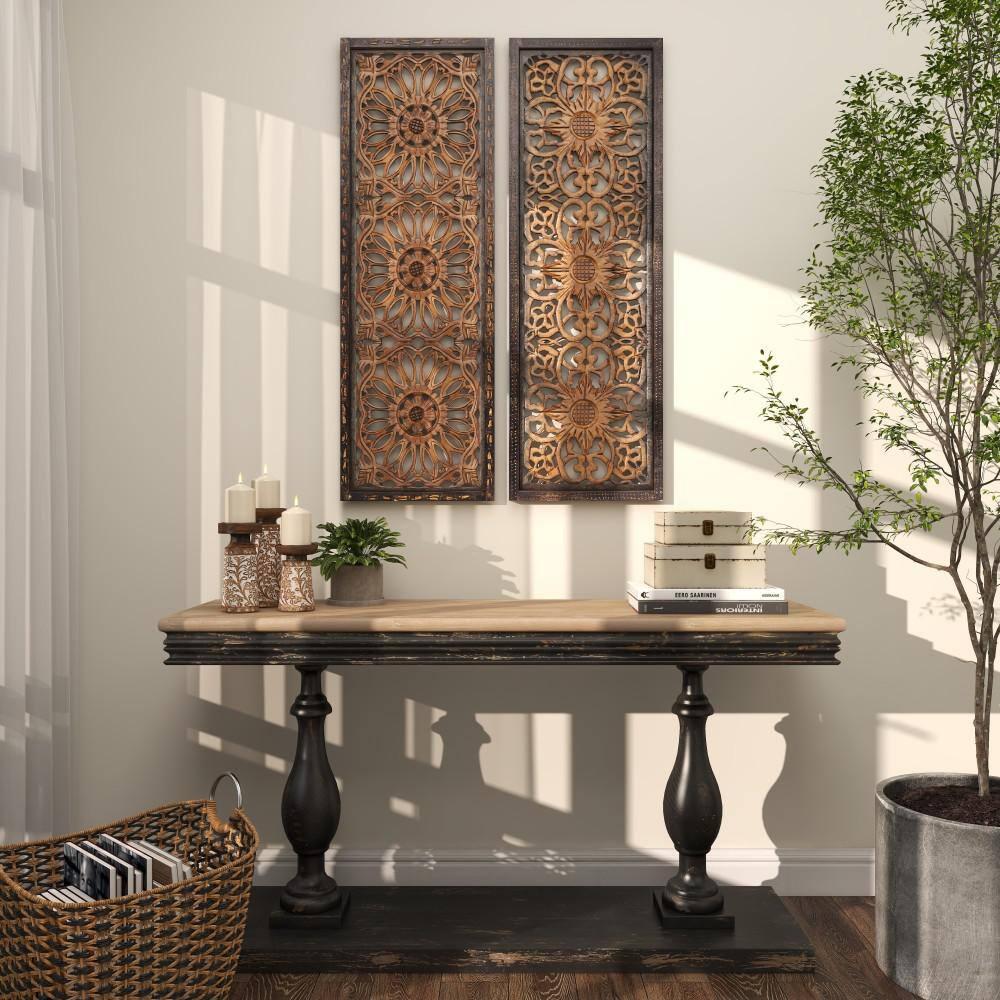 Gracie Oaks Mango Wood Floral Handmade Decorative Candle Holder Carved Pillar Candle Stand With Cream Accents, Set Of 3 Candlestick Holder 6", 8", 10"H, Brown