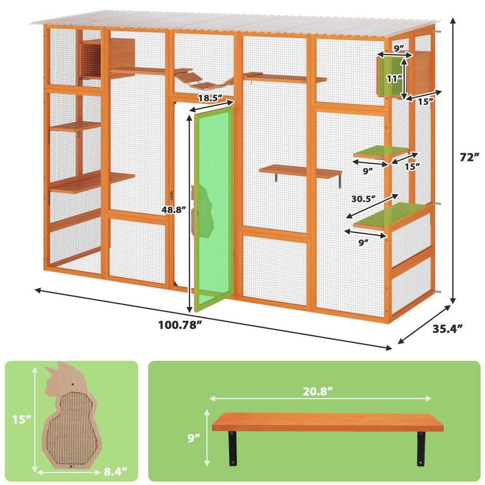 COZIWOW Outdoor Cat Enclosure, Catio Pet Safe House, 104" Extra Large Indoor Window Box with 7 Platforms, Resting Houses, and Walk-In Door, Orange
