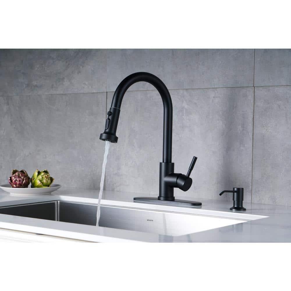 Black Kitchen Faucet with Soap Dispenser Stainless Steel Single Handle Kitchen Sink Faucet with Pull Down Sprayer for Single Hole or 3 Holes