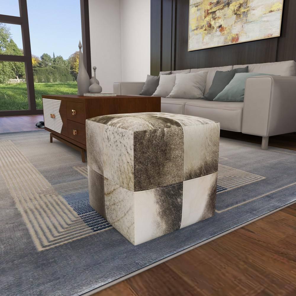 DecMode Leather Handmade Cowhide Stool with Patchwork Pattern, Gray