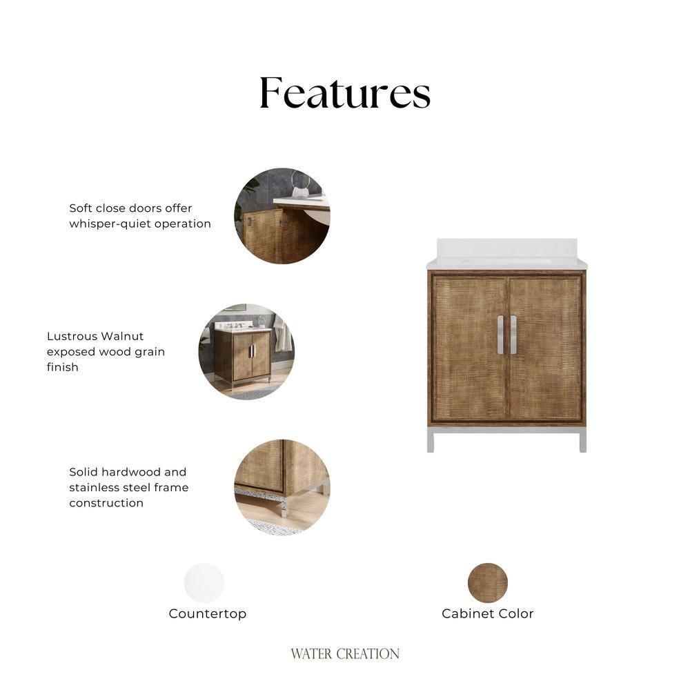 Westin 30" Lustrous Walnut Freestanding Bathroom Vanity with Quartz Top