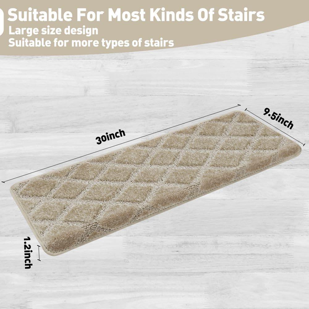 PURE ERA Bullnose Carpet Stair Treads Protectors for Wooden Steps 9.5" x 30"x1.2" Pet Friendly Tape Free Non-Slip (Set of 14 Pieces,Cream Gray Diamond Trellis)