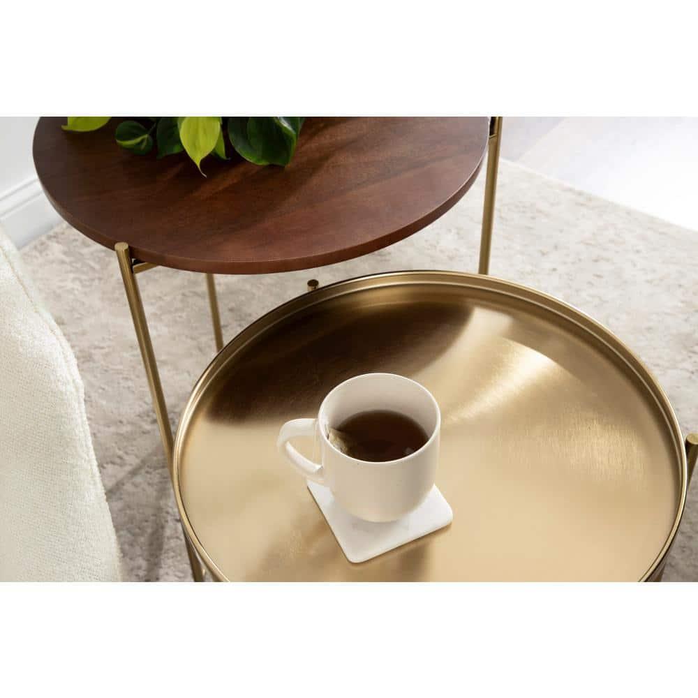 Kate and Laurel Ulani Round Wood Nesting Table, 2 Piece, Walnut Brown and Gold