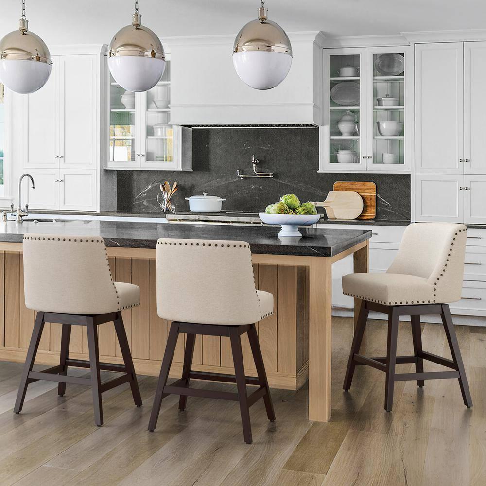 Zoi 26 in. Wood 360 Free Swivel Upholstered Bar Stool with Back, Performance Fabric in Linen. (Set of 3)