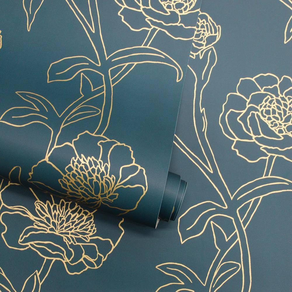 Tempaper & Co.® Peonies Removable Peel and Stick Wallpaper, Peacock Blue and Metallic Gold Floral, 28 sq. ft.: Vinyl Self-Adhesive