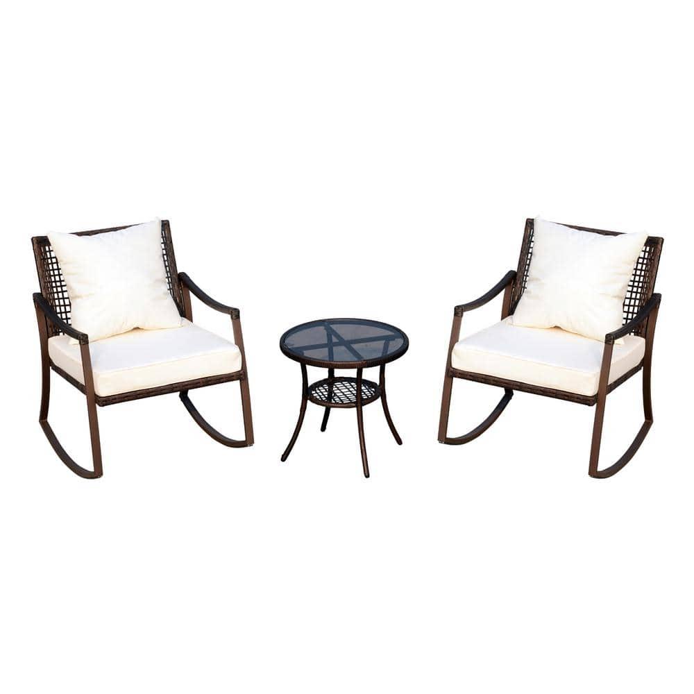 Outsunny 3-Piece Bistro Set Outdoor Wicker Furniture Set with Rattan Rocking Chair, Side Table for Patio Backyard Garden and Balcony