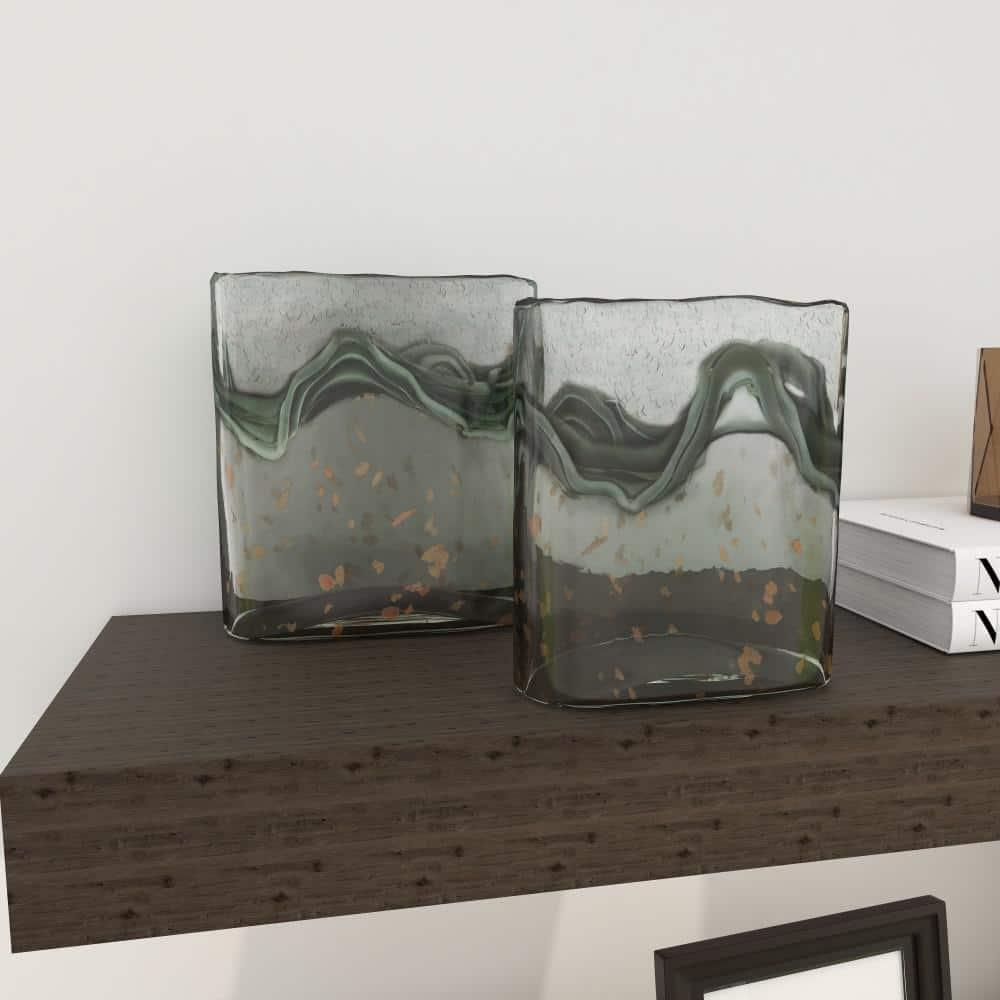 DecMode 9", 8"H Handmade Blown Gray Glass Vase with Speckled Wave Design, Set of 2