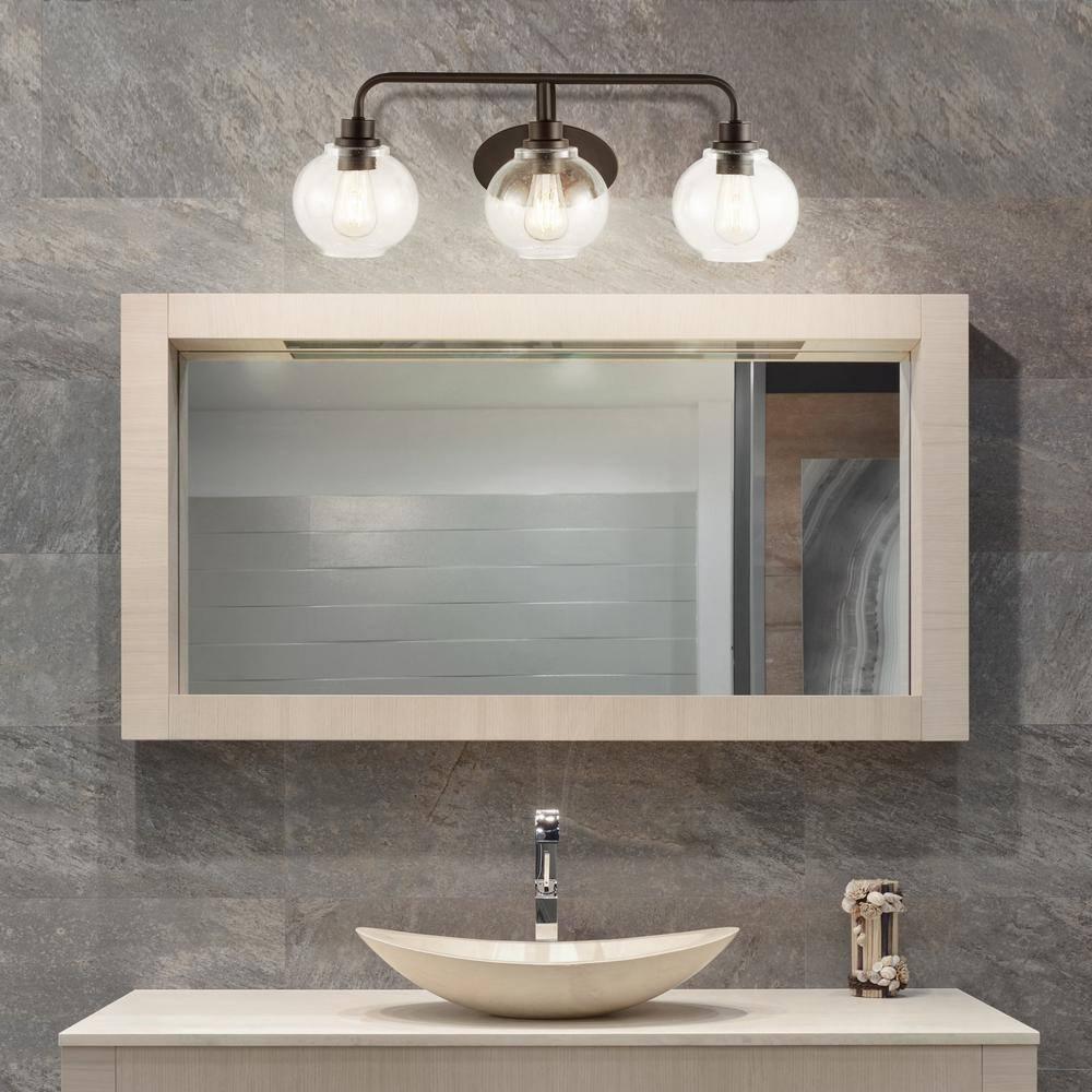 JONATHAN Y Sandrine 26.25" 3-Light Iron/Seeded Glass Cottage Rustic LED Vanity Light, Oil Rubbed Bronze