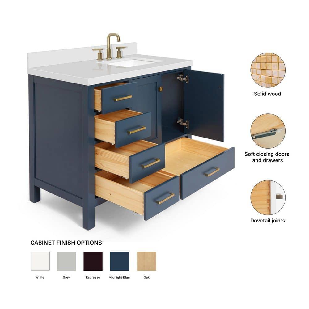 ARIEL Cambridge 43 Inch Midnight Blue Bathroom Vanity with Single Sink, Solid Wood, White Quartz Countertop, 1.5-Inch Edge, Right Rectangular Undermount Sink, 2 Soft Closing Doors, 5 Drawers