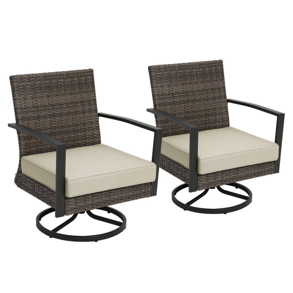 Beige Cushioned Black Metal Rattan Swivel Patio Dining Chairs (2-Pack)