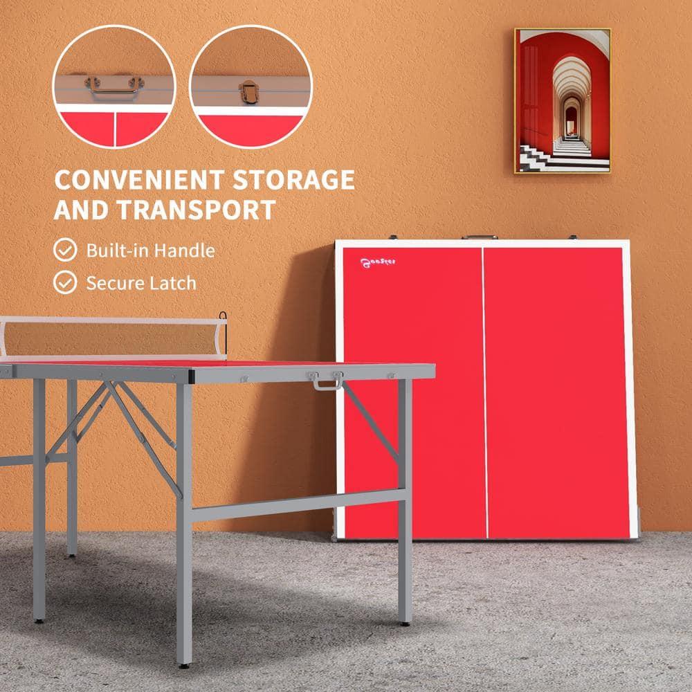 Soozier Mini Ping Pong Table Set for Outdoor and Indoor, Foldable Table Tennis Table with Net, 2 Paddles, 3 Balls, Easy Assembly, Red